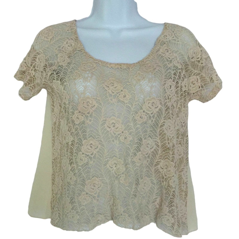 Gimmicks by BKE Designer Blouse Sz S Burnout Velvet & Sheer Floral Ivory Lace
